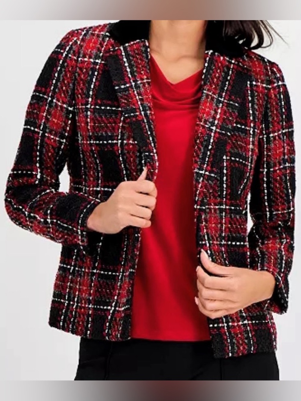 Kasper Plaid Notch Collar Open Blazer Fire Red Multi